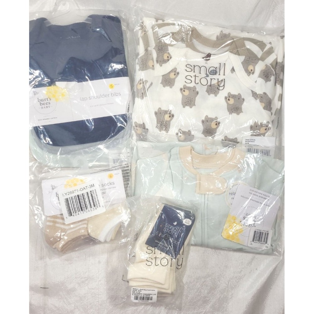 LOT: Burt's Bees & Small Story Organic Cotton PJs, Gowns, Socks, Bibs - Newborn+